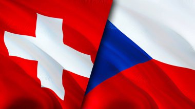 İsviçre ve Çek bayrakları. 3 boyutlu dalgalanan bayrak tasarımı. İsviçre Çek bayrağı, resim, duvar kağıdı. İsviçre, Çek imajına karşı, 3D görüntüleme. İsviçre Çek ilişkileri ittifak ve ticaret, seyahat, turnuva