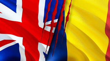 Birleşik Krallık ve Çad yara izi konseptiyle bayraklar. Dalgalanan bayrak, 3 boyutlu görüntüleme. Birleşik Krallık ve Çad çatışma konsepti. Birleşik Krallık Çad ilişkileri kavramı. Birleşik Krallık ve Cha bayrağı