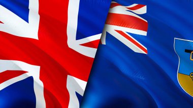 İngiltere ve Montserrat bayrakları. 3 boyutlu dalgalanan bayrak tasarımı. Birleşik Krallık Montserrat bayrağı, resim, duvar kağıdı. Birleşik Krallık Montserrat imajına karşı, 3 boyutlu canlandırma. Birleşik Krallık Montserrat ilişkisi