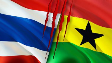 Yara izi olan Tayland ve Gana bayrakları. Dalgalanan bayrak, 3 boyutlu görüntüleme. Tayland ve Gana çatışma konsepti. Tayland Gana ilişkileri kavramı. Tayland ve Gana bayrağı krizi, savaş, saldırı konsepti