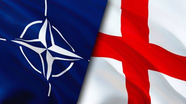NATO ve İngiltere bayrakları. 3 boyutlu dalgalanan bayrak tasarımı. İngiltere NATO bayrağı, resim, duvar kağıdı. NATO, İngiltere 'ye karşı, görüntü 3 boyutlu. NATO İngiltere ilişkileri ittifak ve ticaret, seyahat, turizm konsepti