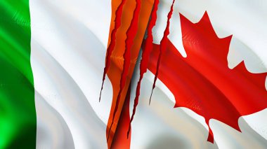 İrlanda ve Kanada bayrakları ve yara izi konsepti. 3D bayrak sallama. İrlanda ve Kanada çatışma konsepti. İrlanda Kanada ilişkileri kavramı. İrlanda bayrağı ve Kanada krizi, savaş, saldırı konsepti