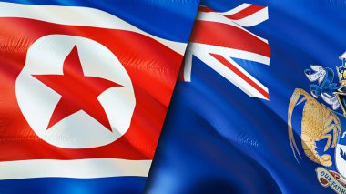 Kuzey Kore ve Tristan da Cunha bayrakları. 3 boyutlu dalgalanan bayrak tasarımı. Kuzey Kore Tristan da Cunha bayrağı, resim, duvar kağıdı. Kuzey Kore, Tristan da Cunha 'ya karşı 3 boyutlu görüntü. Kuzey Kore Tristan da Cunh