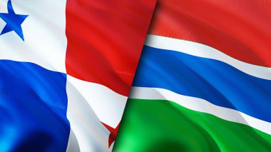 Panama ve Gambiya bayrakları. 3 boyutlu dalgalanan bayrak tasarımı. Panama Gambiya bayrağı, resim, duvar kağıdı. Panama Gambiya 'ya karşı, görüntü 3 boyutlu. Panama Gambiya ilişkileri ittifak ve ticaret, seyahat, turizm konsepti