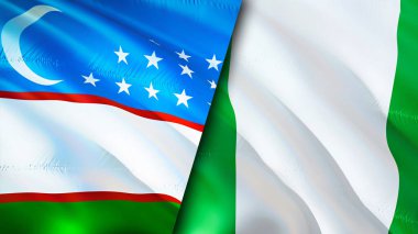 Özbekistan ve Nijerya bayrakları. 3 boyutlu dalgalanan bayrak tasarımı. Özbekistan Nijerya bayrağı, resim, duvar kağıdı. Özbekistan, Nijerya imajına karşı, 3D görüntüleme. Özbekistan Nijerya ilişkileri