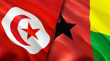 Tunus ve Gine Bissau bayrakları. 3 boyutlu dalgalanan bayrak tasarımı. Tunus Gine Bissau bayrağı, resim, duvar kağıdı. Tunus, Gine Bissau 'ya karşı, görüntü 3 boyutlu. Tunus Gine Bissau ilişkiler ittifakı