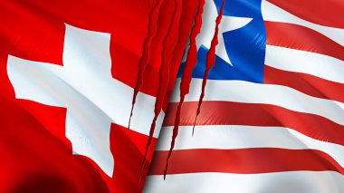 Yara izi olan İsviçre ve Liberya bayrakları. Dalgalanan bayrak, 3 boyutlu görüntüleme. İsviçre ve Liberya çatışma konsepti. İsviçre Liberya ilişkileri kavramı. İsviçre ve Liberi bayrağı