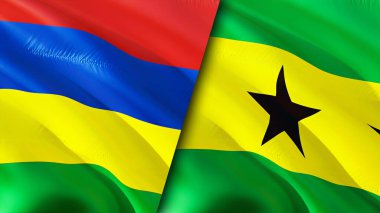 Mauritius ve Sao Tome ve Principe bayrakları. 3 boyutlu dalgalanan bayrak tasarımı. Mauritius Sao Tome ve Principe bayrağı, resim, duvar kağıdı. Mauritius, Sao Tome 'a karşı ve Principe imajı, 3 boyutlu canlandırma. Mauritius Sao Tom