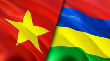Vietnam ve Mauritius yara izi olan bayraklar. Dalgalanan bayrak, 3 boyutlu görüntüleme. Vietnam ve Mauritius çatışma konsepti. Vietnam Mauritius ilişkileri kavramı. Vietnam bayrağı ve Mauritius krizi, savaş, attac