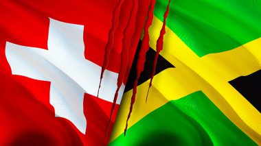 Yara izi olan İsviçre ve Jamaika bayrakları. Dalgalanan bayrak, 3 boyutlu görüntüleme. İsviçre ve Jamaika çatışma konsepti. İsviçre Jamaika ilişkileri kavramı. İsviçre ve Jamaika bayrağı