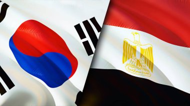 Güney Kore ve Mısır bayrakları. 3 boyutlu dalgalanan bayrak tasarımı. Güney Kore Mısır bayrağı, resim, duvar kağıdı. Güney Kore, Mısır 'a karşı, görüntü 3 boyutlu. Güney Kore Mısır ilişkileri ittifak ve ticaret, seyahat, turnuva