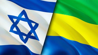İsrail ve Gabon bayrakları. 3 boyutlu dalgalanan bayrak tasarımı. İsrail Gabon bayrağı, resim, duvar kağıdı. İsrail Gabon 'a karşı, görüntü 3 boyutlu. İsrail Gabon ilişkileri ittifak ve ticaret, seyahat, turizm konsepti