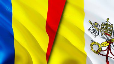 Romanya ve Vatikan bayrakları. 3 boyutlu dalgalanan bayrak tasarımı. Romanya Vatikan bayrağı, resim, duvar kağıdı. Romanya Vatikan imajına karşı, 3D görüntüleme. Romanya Vatikan ilişkileri ittifak ve Ticaret, seyahat ve turizm consepti