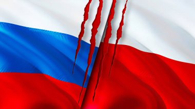 Rusya ve Polonya yara izi kavramına sahip bayraklar. Dalgalanan bayrak, 3 boyutlu görüntüleme. Rusya ve Polonya çatışma konsepti. Rusya Polonya ilişkileri kavramı. Rusya ve Polonya bayrağı krizi, savaş, saldırı konsepti