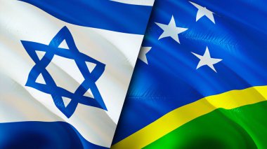 İsrail ve Solomon Adaları bayrakları. 3 boyutlu dalgalanan bayrak tasarımı. İsrail Solomon Adaları bayrağı, resmi, duvar kağıdı. İsrail, Solomon Adaları 'na karşı. Görüntü 3 boyutlu. İsrail Solomon Adaları İlişkiler Birliği