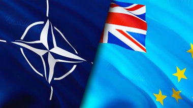 NATO ve Tuvalu bayrakları. 3 boyutlu dalgalanan bayrak tasarımı. Tuvalu NATO bayrağı, resim, duvar kağıdı. NATO Tuvalu 'ya karşı, görüntü 3 boyutlu. NATO Tuvalu ilişkileri ittifak ve ticaret, seyahat, turizm konsepti