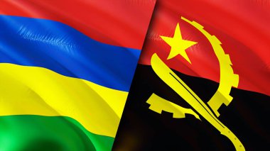 Mauritius ve Angola bayrakları. 3 boyutlu dalgalanan bayrak tasarımı. Mauritius Angola bayrağı, resim, duvar kağıdı. Mauritius, Angola 'ya karşı, görüntü 3 boyutlu. Mauritius Angola ilişkileri ittifak ve ticaret, seyahat, turnuva