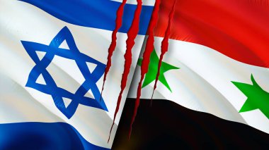 Yara izi olan İsrail ve Suriye bayrakları. Dalgalanan bayrak, 3 boyutlu görüntüleme. İsrail ve Suriye çatışma konsepti. İsrail Suriye ilişkileri kavramı. İsrail ve Suriye krizi bayrağı, savaş, saldırı konsepti