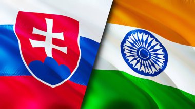 Slovakya ve Hindistan bayrakları. 3 boyutlu dalgalanan bayrak tasarımı. Slovakya Hindistan bayrağı, resim, duvar kağıdı. Slovakya, Hindistan imajına karşı, 3D görüntüleme. Slovakya Hindistan ilişkileri ittifak ve ticaret, seyahat, turizm konsepti