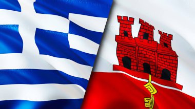 Yunanistan ve Cebelitarık bayrakları. 3 boyutlu dalgalanan bayrak tasarımı. Yunanistan Cebelitarık bayrağı, resim, duvar kağıdı. Yunanistan, Cebelitarık 'a karşı, görüntü 3 boyutlu. Yunanistan Cebelitarık ilişkileri ittifak ve Ticaret, seyahat, turnuva