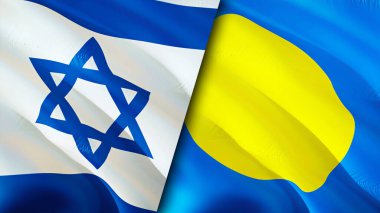 İsrail ve Palau bayrakları. 3 boyutlu dalgalanan bayrak tasarımı. İsrail Palau bayrağı, resim, duvar kağıdı. İsrail, Palau 'ya karşı, görüntü 3 boyutlu. İsrail Palau ilişkileri ittifak ve ticaret, seyahat, turizm konsepti