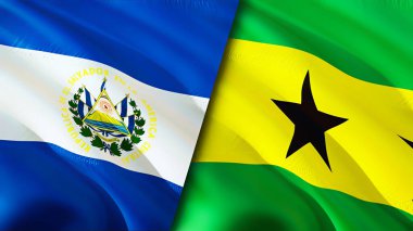 El Salvador ve Sao Tome ve Principe bayrakları. 3 boyutlu dalgalanan bayrak tasarımı. El Salvador Sao Tome ve Principe bayrağı, resim, duvar kağıdı. El Salvador, Sao Tome 'a karşı ve Principe imajı, 3D canlandırma. El Salvado