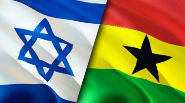 İsrail ve Gana bayrakları. 3 boyutlu dalgalanan bayrak tasarımı. İsrail Gana bayrağı, resim, duvar kağıdı. İsrail, Gana 'ya karşı, görüntü 3 boyutlu. İsrail Gana ilişkileri ittifak ve ticaret, seyahat, turizm konsepti