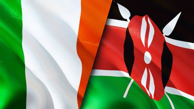 İrlanda ve Kenya bayrakları. 3 boyutlu dalgalanan bayrak tasarımı. İrlanda bayrağı, resim, duvar kağıdı. İrlanda, Kenya imajına karşı, 3D görüntüleme. İrlanda Kenya ilişkileri savaş ittifakı kavramı. Ticaret, turizm konsepti