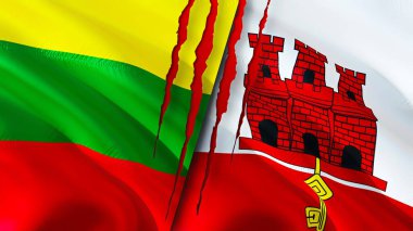 Yara izi olan Litvanya ve Cebelitarık bayrakları. Dalgalanan bayrak, 3 boyutlu görüntüleme. Litvanya ve Cebelitarık çatışma konsepti. Litvanya Cebelitarık ilişkileri kavramı. Litvanya ve Gibralta bayrağı