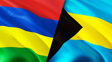 Mauritius ve Bahama bayrakları. 3 boyutlu dalgalanan bayrak tasarımı. Mauritius Bahama bayrağı, resim, duvar kağıdı. Mauritius, Bahamalar 'a karşı, görüntü 3 boyutlu. Mauritius Bahama ilişkileri ittifak ve ticaret, seyahat, turnuva