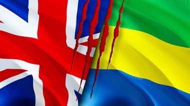 Birleşik Krallık ve Gabon yara izi kavramına sahip bayraklar. Dalgalanan bayrak, 3 boyutlu görüntüleme. Birleşik Krallık ve Gabon çatışma konsepti. Birleşik Krallık Gabon ilişkileri kavramı. Birleşik Krallık ve Gabo bayrağı