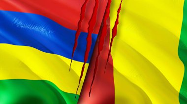 Yara izi olan Mauritius ve Gine bayrakları. Dalgalanan bayrak, 3 boyutlu görüntüleme. Mauritius ve Gine çatışması konsepti. Mauritius Gine ilişkileri kavramı. Mauritius bayrağı ve Gine krizi, savaş, attac