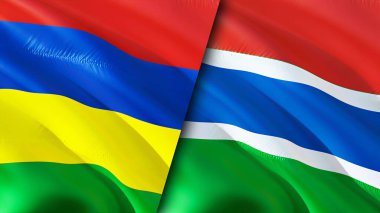 Mauritius ve Gambiya bayrakları. 3 boyutlu dalgalanan bayrak tasarımı. Mauritius Gambia bayrağı, resim, duvar kağıdı. Mauritius Gambiya 'ya karşı, görüntü 3 boyutlu. Mauritius Gambiya ilişkileri ittifak ve ticaret, seyahat, turnuva
