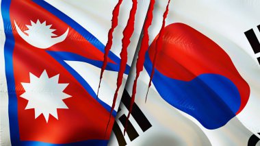 Yara izi olan Nepal ve Güney Kore bayrakları. Dalgalanan bayrak, 3 boyutlu görüntüleme. Nepal ve Güney Kore çatışma konsepti. Nepal Güney Kore ilişkileri kavramı. Nepal bayrağı ve Güney Kore krizi, savaş, attac