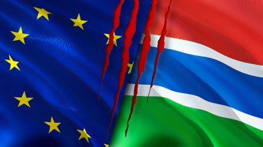 Yara izi olan Avrupa Birliği ve Gambiya bayrakları. Dalgalanan bayrak, 3 boyutlu görüntüleme. Avrupa Birliği ve Gambiya çatışması kavramı. Avrupa Birliği Gambiya ilişkileri kavramı. Avrupa Birliği ve Gambi bayrağı