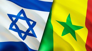 İsrail ve Senegal bayrakları. 3 boyutlu dalgalanan bayrak tasarımı. İsrail Senegal bayrağı, resim, duvar kağıdı. İsrail, Senegal imajına karşı, 3D görüntüleme. İsrail Senegal ilişkileri ittifak ve ticaret, seyahat, turizm konsepti