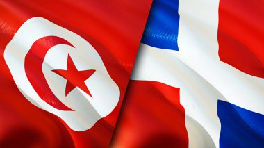 Tunus ve Dominik Cumhuriyeti bayrakları. 3 boyutlu dalgalanan bayrak tasarımı. Tunus Dominik Cumhuriyeti bayrağı, resim, duvar kağıdı. Tunus, Dominik Cumhuriyeti imajına karşı, 3 boyutlu canlandırma. Tunus Dominikli