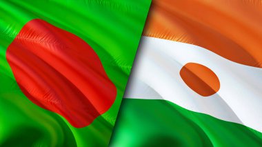 Bangladeş ve Nijer bayrakları. 3 boyutlu dalgalanan bayrak tasarımı. Bangladeş Nijer bayrağı, resim, duvar kağıdı. Bangladeş, Nijer 'e karşı, görüntü 3 boyutlu. Bangladeş Nijer ilişkileri ittifak ve ticaret, seyahat, turnuva
