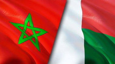Fas ve Madagaskar bayrakları. 3 boyutlu dalgalanan bayrak tasarımı. Fas Madagaskar bayrağı, resim, duvar kağıdı. Fas, Madagaskar 'a karşı, görüntü 3 boyutlu. Fas Madagaskar ilişkileri bir ittifak