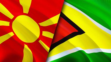 Kuzey Makedonya ve Guyana bayrakları. 3 boyutlu dalgalanan bayrak tasarımı. Kuzey Makedonya Guyana bayrağı, resim, duvar kağıdı. Kuzey Makedonya, Guyana 'ya karşı, görüntü 3D. Kuzey Makedonya Guyana ilişkileri ittifakı
