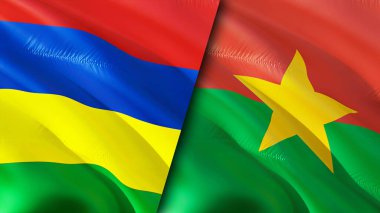 Mauritius ve Burkina Faso bayrakları. 3 boyutlu dalgalanan bayrak tasarımı. Mauritius Burkina Faso bayrağı, resim, duvar kağıdı. Mauritius, Burkina Faso 'ya karşı, görüntü 3 boyutlu. Mauritius Burkina Faso İlişkiler Birliği