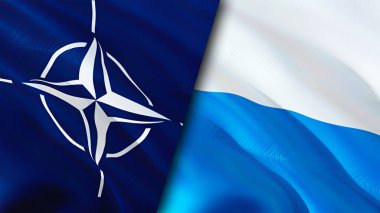 NATO ve San Marino bayrakları. 3 boyutlu dalgalanan bayrak tasarımı. San Marino NATO bayrağı, resim, duvar kağıdı. NATO, San Marino 'ya karşı, görüntü 3 boyutlu. NATO San Marino ilişkileri ittifak ve ticaret, seyahat, turizm konsepti