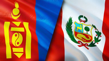 Moğolistan ve Peru bayrakları. 3 boyutlu dalgalanan bayrak tasarımı. Moğolistan Peru bayrağı, resim, duvar kağıdı. Moğolistan, Peru 'ya karşı, görüntü 3 boyutlu. Moğolistan Peru ilişkileri ittifak ve ticaret, seyahat, turizm konsepti