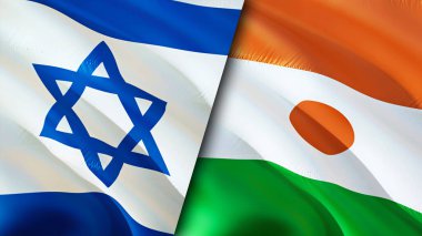 İsrail ve Nijer bayrakları. 3 boyutlu dalgalanan bayrak tasarımı. İsrail Nijer bayrağı, resim, duvar kağıdı. İsrail, Nijer 'e karşı, görüntü 3D. İsrail Nijer ilişkileri ittifak ve ticaret, seyahat, turizm konsepti