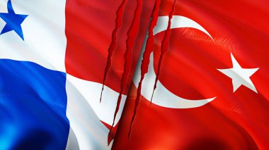 Panama ve hindi bayraklarında yara izi var. Dalgalanan bayrak, 3 boyutlu görüntüleme. Panama ve Türkiye çatışması konsepti. Panama Türkiye ilişkileri kavramı. Panama ve Türkiye bayrağı kriz, savaş, saldırı konsepti