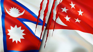 Yara izi olan Nepal ve Singapur bayrakları. Dalgalanan bayrak, 3 boyutlu görüntüleme. Nepal ve Singapur çatışma konsepti. Nepal Singapur ilişkileri kavramı. Nepal ve Singapur bayrağı krizi, savaş, saldırı konsepti