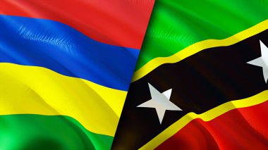 Mauritius, Saint Kitts ve Nevis bayrakları. 3 boyutlu dalgalanan bayrak tasarımı. Mauritius Saint Kitts ve Nevis bayrağı, resim, duvar kağıdı. Mauritius, Saint Kitts ve Nevis 'e karşı, görüntü 3 boyutlu. Mauritius Sain