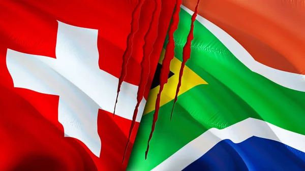 Switzerland and South Africa flags with scar concept. Waving flag,3D rendering. Switzerland and South Africa conflict concept. Switzerland South Africa relations concept. flag of Switzerland an