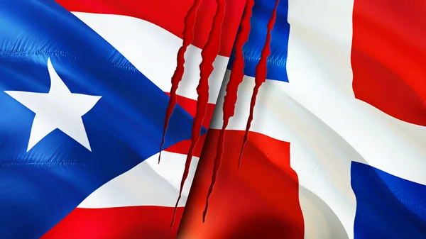 Puerto Rico and Dominican Republic flags with scar concept. Waving flag,3D rendering. Puerto Rico and Dominican Republic conflict concept. Puerto Rico Dominican Republic relations concept. flag o