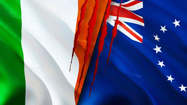 Флаги Ирландии Островов Кука Шрамом Трехмерный Рендеринг Флага Концепция Конфликта — стоковое фото